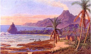 Pictured is a c 1900 painting of Tinian, one of the three significantly populated islands of the Northern Mariana Islands, by the German artist Rudolf Hellgrewe.